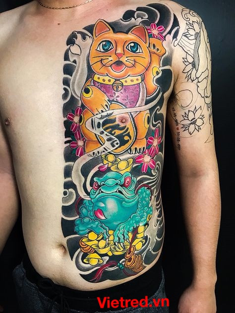 Hình xăm mèo thần tài cóc thiềm thừ