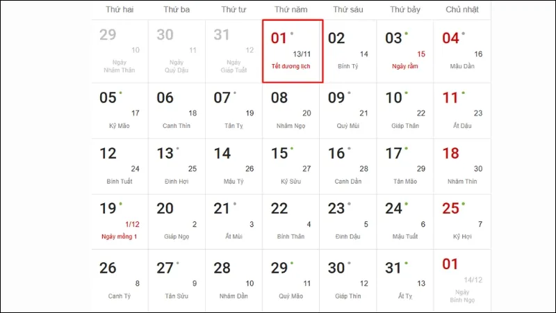 Mô phỏng lịch nghỉ 1 ngày cho Tết Dương lịch 2026