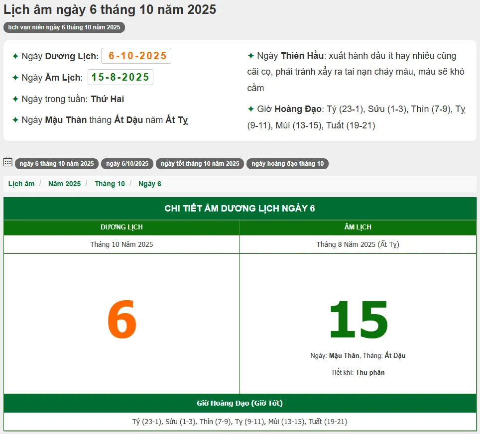 Lịch vạn niên hiển thị ngày 15 tháng 8 âm lịch
