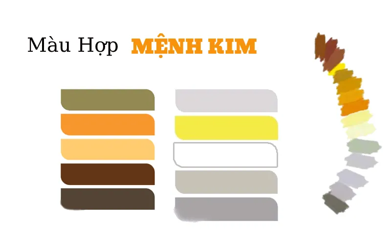 Bảng màu sắc phong thủy hợp mệnh Kim, bao gồm các tông vàng, nâu đất, trắng và xám