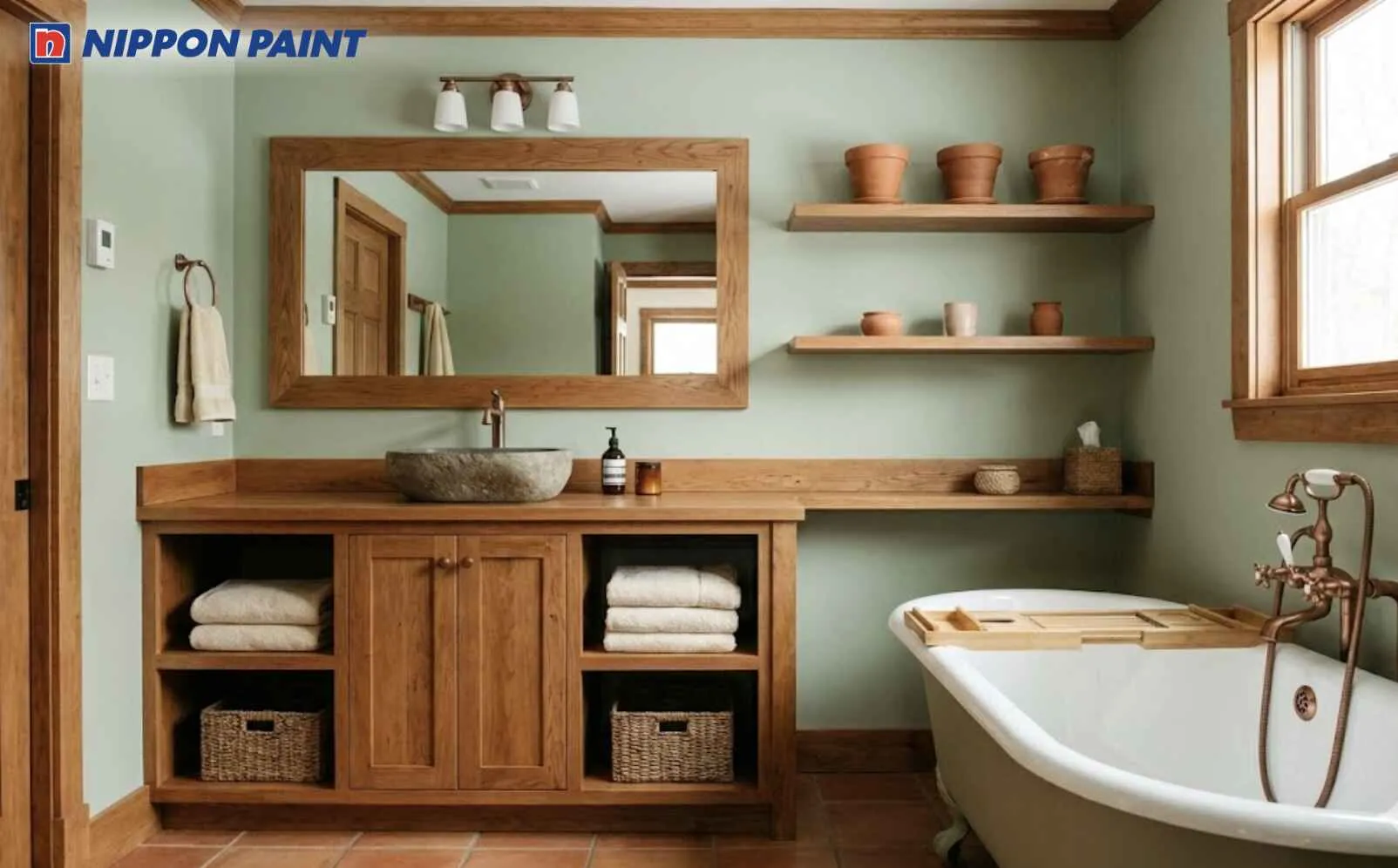Phối xanh lá nhạt cùng nội thất gỗ sáng giúp phòng tắm ấm áp và hợp mệnh Bính Thân