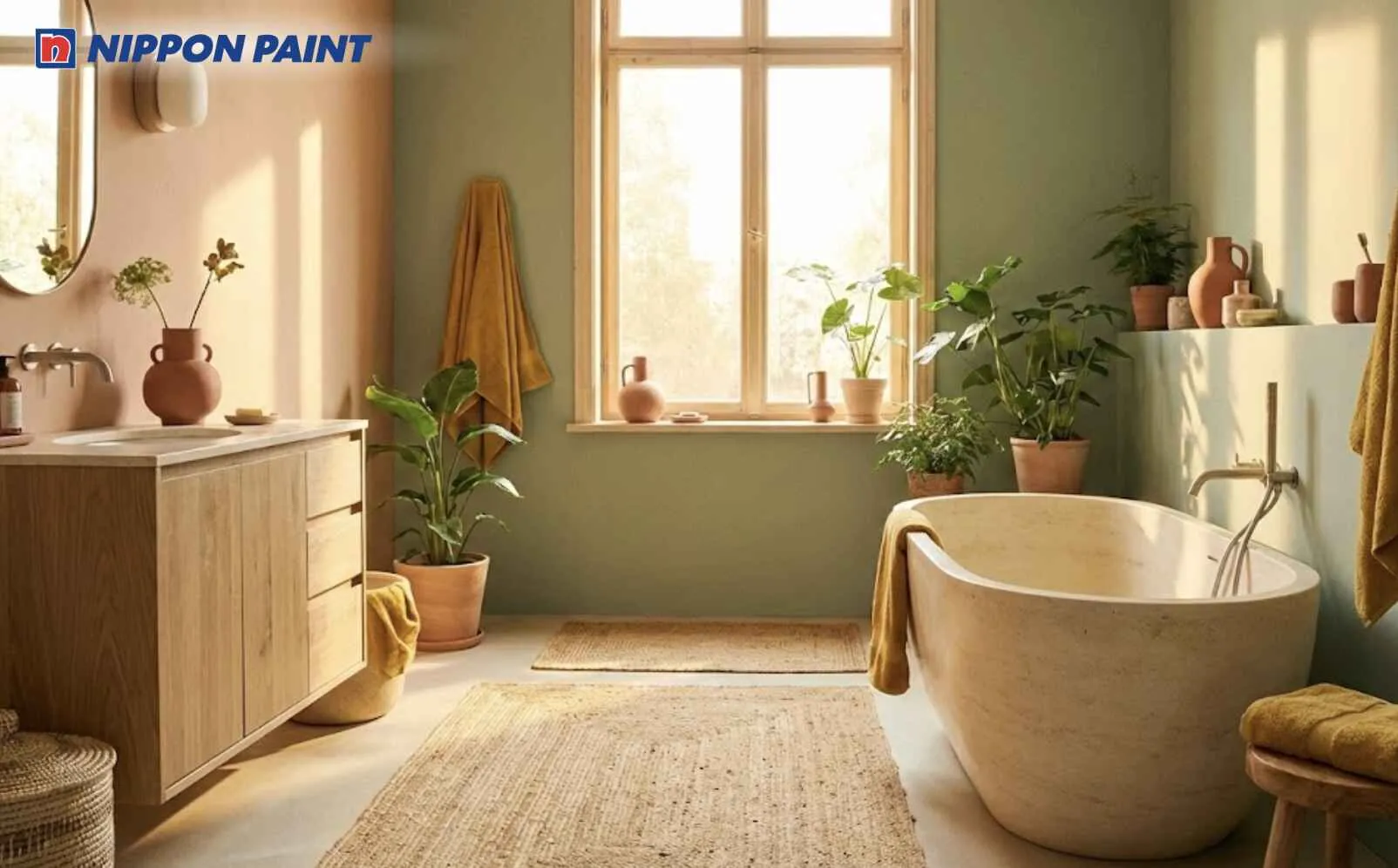 Phòng tắm sử dụng cam và xanh nhạt giúp Bính Thân 2016 thư giãn và cân bằng cảm xúc