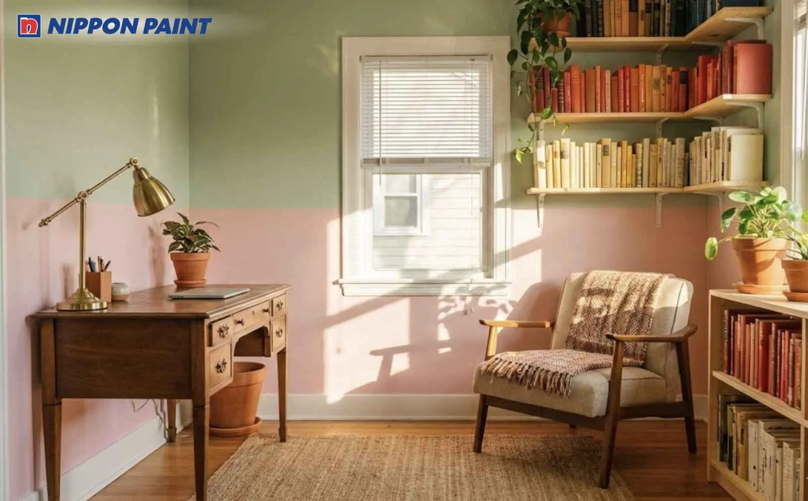 Xanh lá phối hồng pastel kết hợp ánh sáng tự nhiên giúp kích thích tư duy và sáng tạo