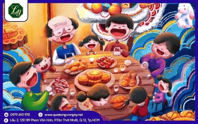 Gia đình quây quần bên mâm cỗ Trung Thu, tượng trưng cho sự đoàn viên và hạnh phúc