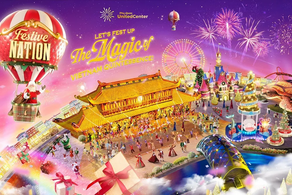 Cổng vào VinWonders được trang hoàng lộng lẫy với biểu tượng Giáng sinh và cây thông