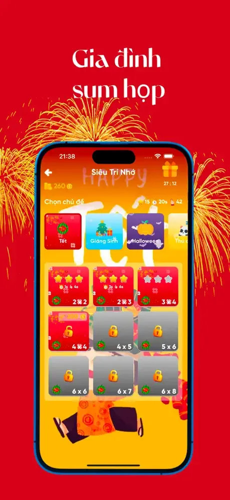 Giao diện tổng quan các tính năng của ứng dụng Sắp Tết bao gồm đếm ngược, lịch âm dương và trò chơi