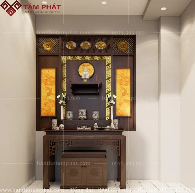 Không gian thờ cúng trang trọng với bàn thờ gỗ hiện đại