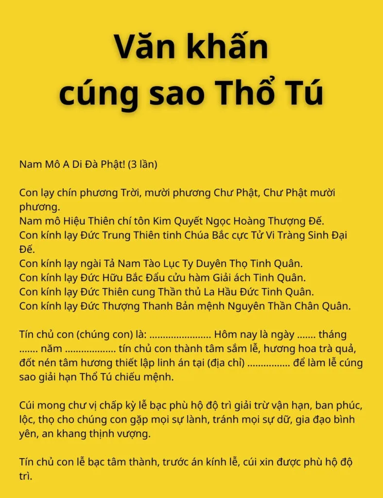 Văn khấn cúng sao Thổ Tú giải hạn
