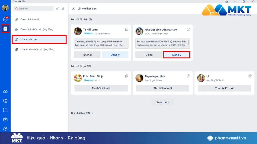 Chọn mục Danh bạ và kiểm tra lời mời kết bạn trên Zalo PC