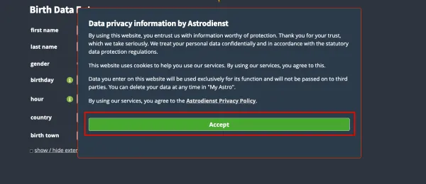 Đồng ý với các điều khoản bảo mật của trang web Astro.com
